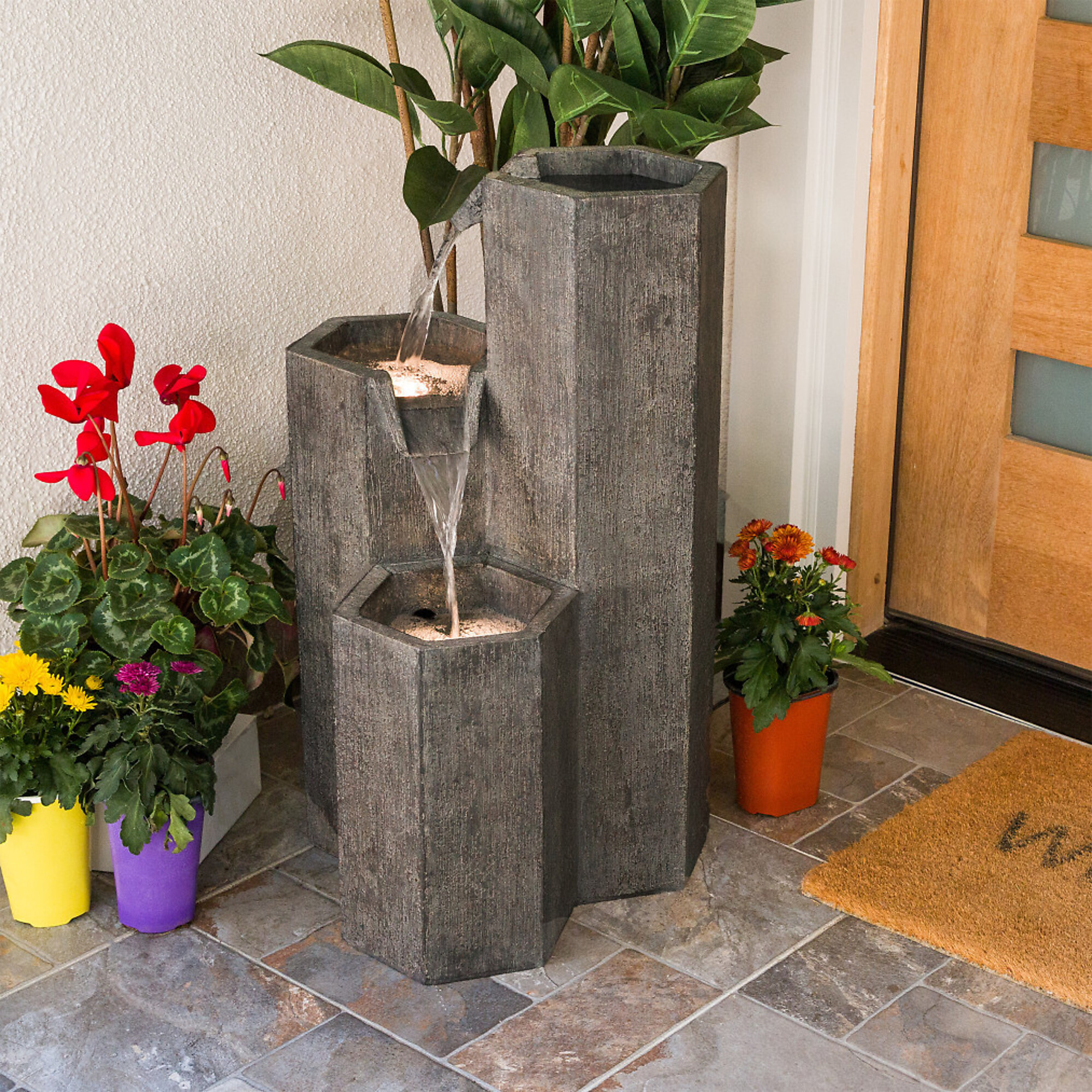 Alpine Corporation, Hexagonal Columns Fountain with LED Lights 3-Tier, Volts 12 Power Cord Length 6 ft, Model# GIL1480